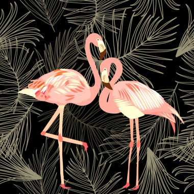 Flamingo, seamless modeli monstera bırakır. Tropikal yaprakları palmiye ağacı ve çiçek. Vektör arka plan.