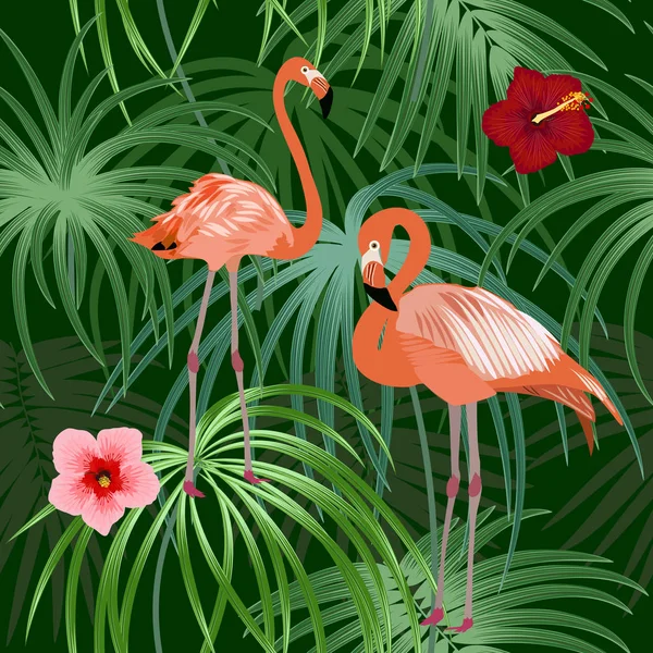 Modèle Sans Couture Flamant Rose Laisse Monstera Feuilles Tropicales Palmier — Image vectorielle