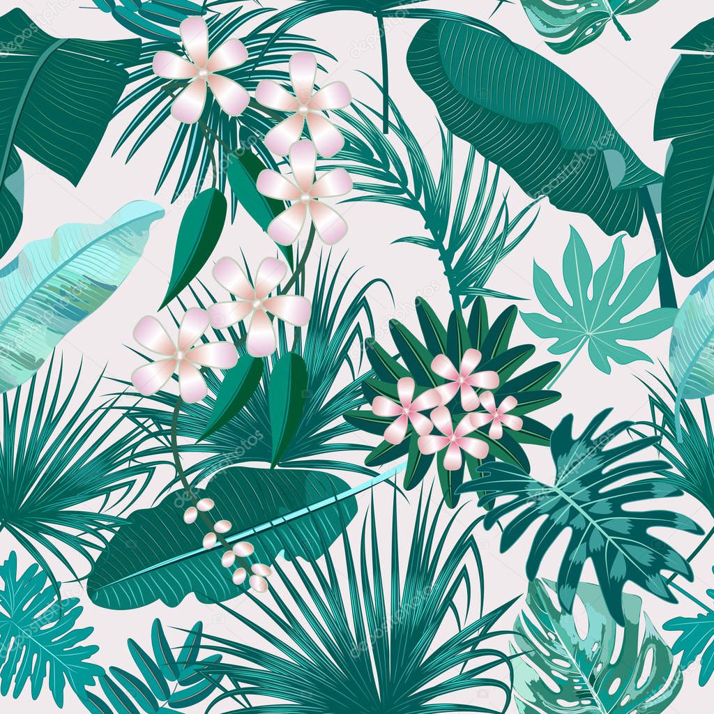 Vector tropical seamless pattern in Quetzal Green colors. Botany design, jungle leaves of palm tree and flowers.