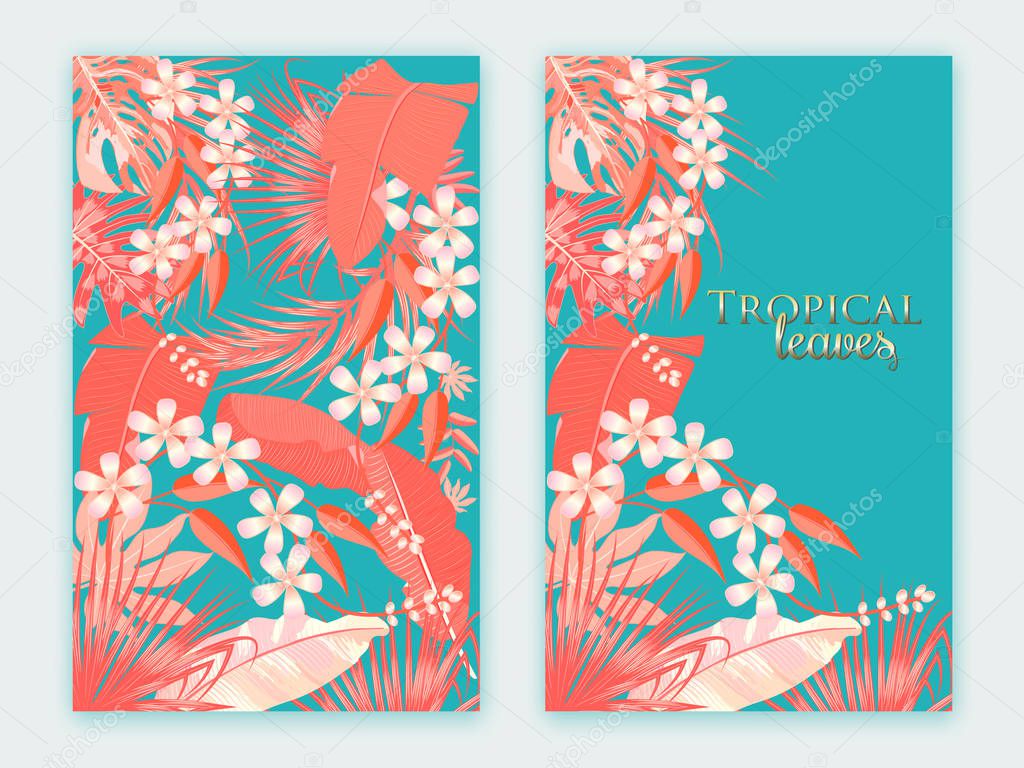 Tropical vector background in Living Coral color. Main trend concept. Botany design for cover. Jungle leaves can be used for brochure template, poster, wedding invitation or card design.