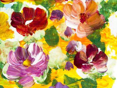 Soyut renkli çiçekler, el arka plan, fırça akrilik boya tuval, duvar kağıdı, doku parçası boyalı. Modern sanat. Çağdaş sanat.