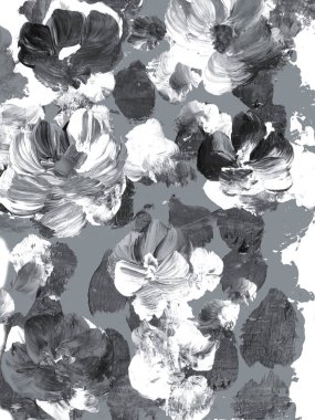 Soyut siyah beyaz çiçekler, el arka plan, fırça akrilik boya tuval, duvar kağıdı, doku parçası boyalı. Modern sanat. Çağdaş sanat.