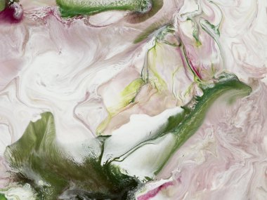 Yeşil ve pembe sanat el boyalı arka plan, sıvı tuval üzerine akrilik resim, orijinal akrilik resim yakın çekim parçası. Çağdaş sanat.