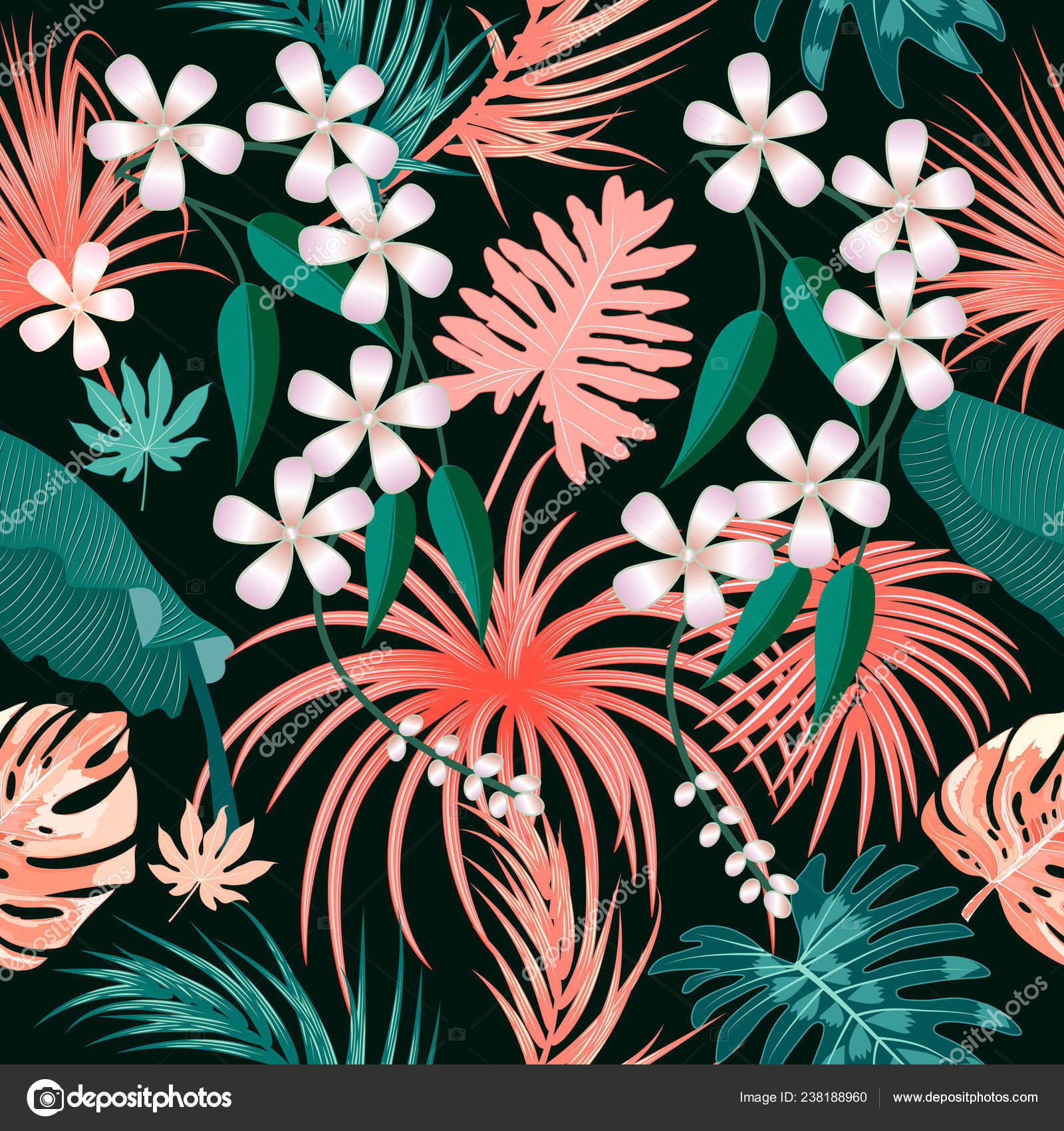 熱帯ベクトル生活サンゴ色でシームレスなパターン 植物デザイン ジャングルのヤシの木や花の葉します ストックベクター C Artlu