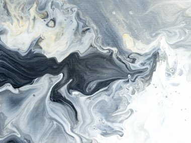 Siyah ve beyaz altın yaratıcı soyut el ile boyalı arka plan, mermer doku, tuval üzerine akrilik resim parçası. Modern sanat. Çağdaş sanat.