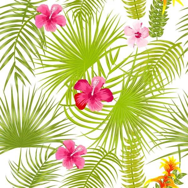 Тропический Векторный Бесшовный Рисунок Розовыми Цветами Ботанический Дизайн Листья Пальмы — стоковый вектор