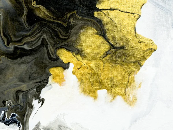 Black and white with gold marble abstract hand painted background, close-up of acrylic painting on canvas. Contemporary art.