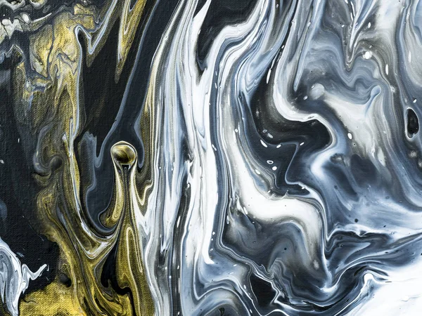 Black and white with gold marble abstract hand painted background, close-up of acrylic painting on canvas. Contemporary art.