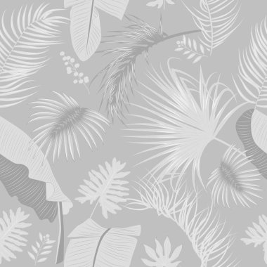 Tropikal vektör seamless modeli. Botanik tasarım, orman palmiye ağacı ve çiçek bırakır. Siyah ve beyaz arka plan.