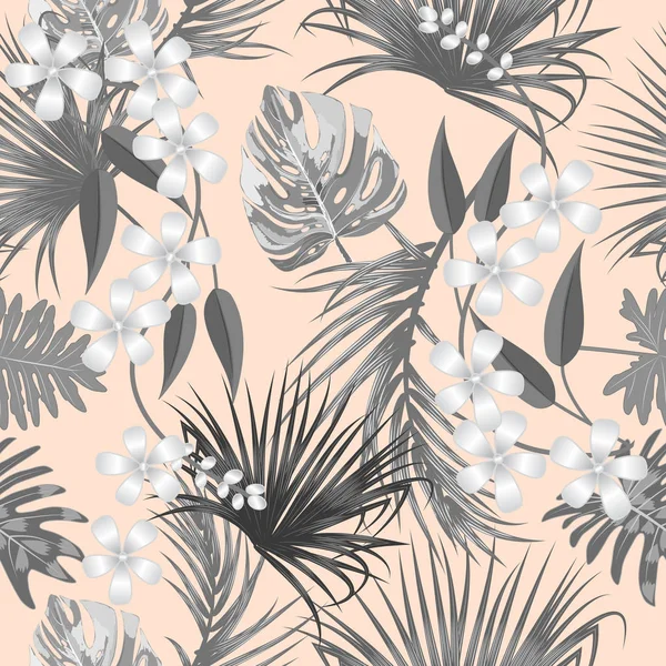 Тропический Векторный Бесшовный Рисунок Ботанический Дизайн Листья Пальмы Цветы Джунглях — стоковый вектор