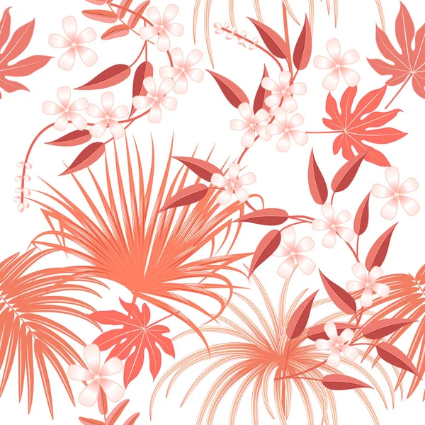 热带矢量无缝模式生活珊瑚颜色 主要趋势概念 植物设计 棕榈树和鲜花的丛林叶子 — 图库矢量图片