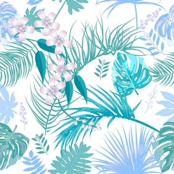 Patrón Sin Costura Vector Tropical Diseño Botánico Hojas Selva Palmeras — Vector de stock