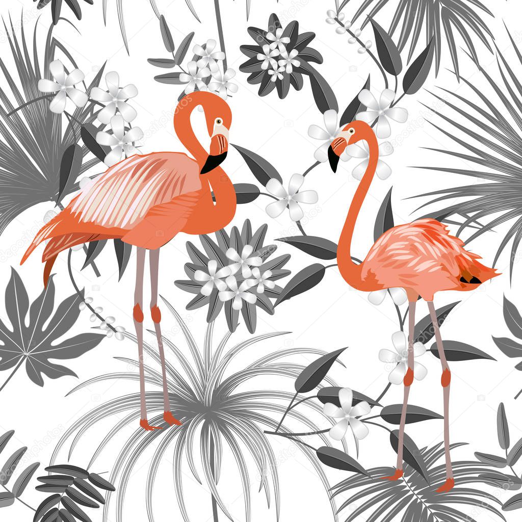 Tropical vector seamless pattern with flamingo. Botany design, jungle leaves of palm tree and flowers. Black and white background.