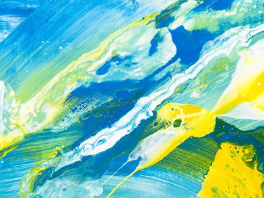 Arka plan, tuval üzerine akrilik resim yakın çekim yaratıcı soyut el mavi ve sarı boyalı. Modern sanat. Çağdaş Sanat.