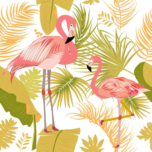 Motif vectoriel sans couture avec flamant rose, feuilles tropicales et flowe — Image vectorielle