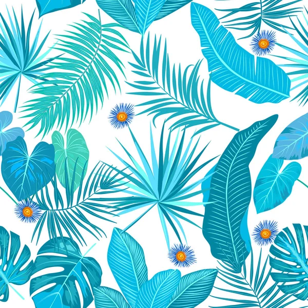 Modèle sans couture vectoriel tropical, branches bleues sur fond blanc — Image vectorielle