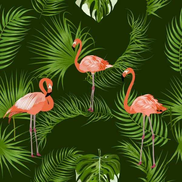 Feuilles de palmier tropical, feuilles de jungle, flamant rose, motif sans couture — Image vectorielle