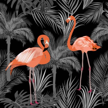 Tropikal palmiye yaprakları, orman yaprakları, flamingo, dikişsiz desen