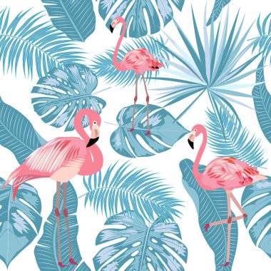 Flamingo dikişsiz desen, monstera bırakır. Tropikal yapraklar o