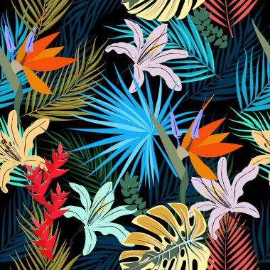 Yaprak monstera, çiçekler, tropikal yaprakların Dikişsiz desen