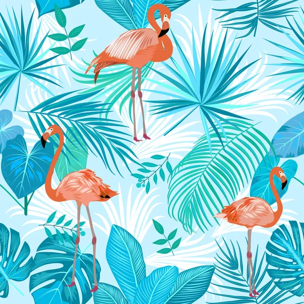 Feuilles de palmier bleu tropical, jungle, flamant rose, motif sans couture — Image vectorielle