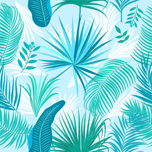 Tropisch blaue Palmblätter, Dschungel nahtlose Muster — Stockvektor