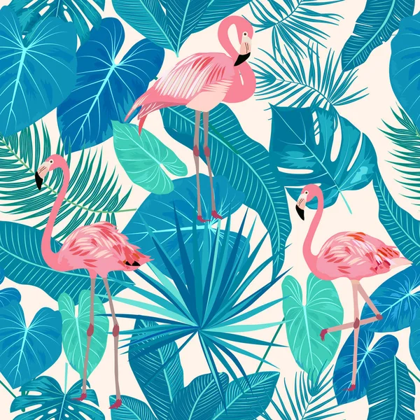 Modèle sans couture de feuilles tropicales de palmier et de flamant rose . — Image vectorielle