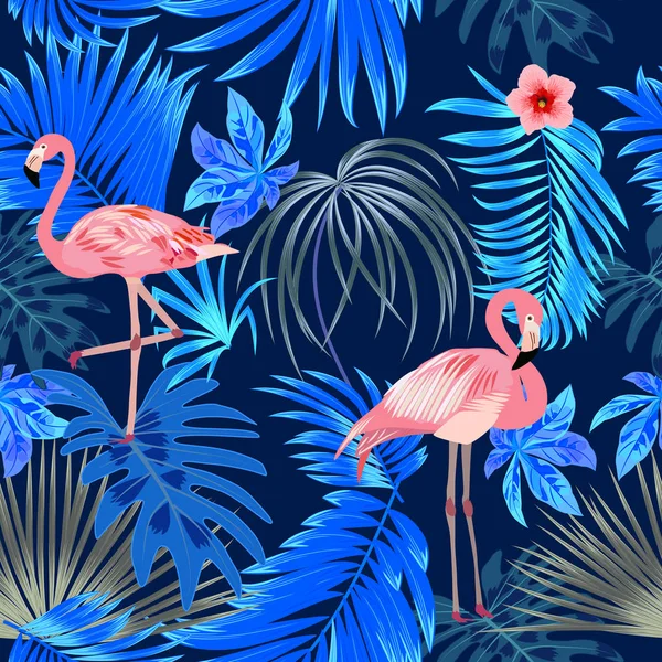 Modèle sans couture de flamant rose, laisse monstera. Feuilles tropicales o — Image vectorielle