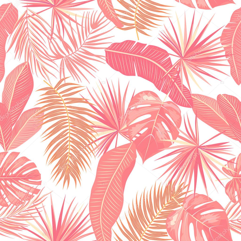 Seamless pattern of tropical leaves of palm tree. 