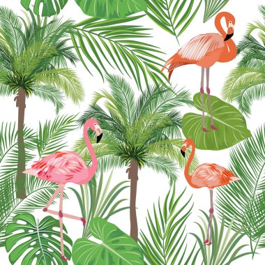 Flamingo dikişsiz desen, monstera bırakır. Tropikal yapraklar o