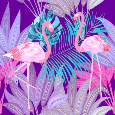 Tropikal orman pembe palmiye dikişsiz desen yaprakları, vektör