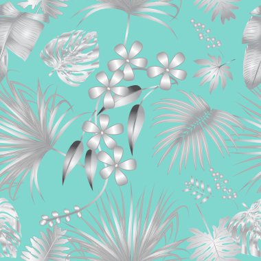 Gümüş tropikal ile vektör seamless modeli tiffany b yaprakları