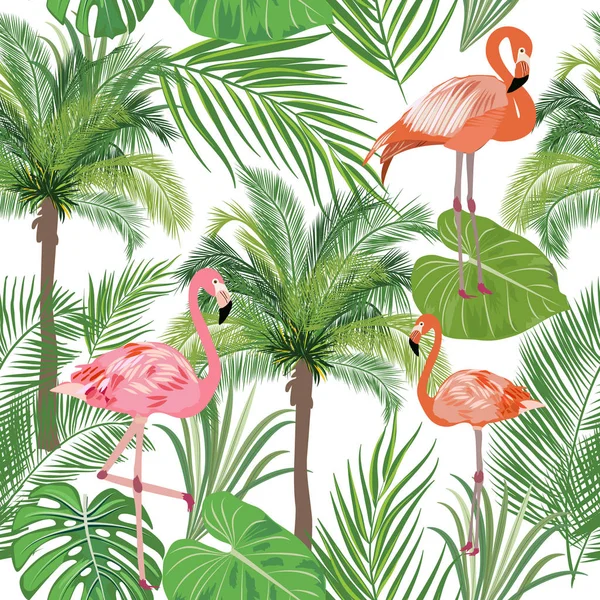 Modèle sans couture de flamant rose, laisse monstera. Feuilles tropicales o — Image vectorielle