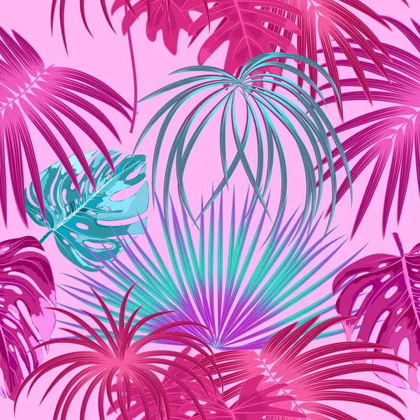 热带丛林粉红棕榈叶无缝模式，矢量 — 图库矢量图片