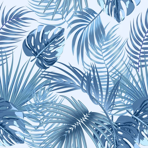 Folhas de palma azul tropical, padrão sem costura da selva — Vetor de Stock