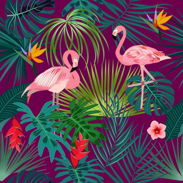 Tropikal bitki dikişsiz desen, pembe flamingo ve tropikal leav
