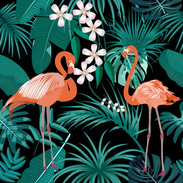 Tropiska växt sömlösa mönster, rosa Flamingo och tropiska leav — Stock vektor