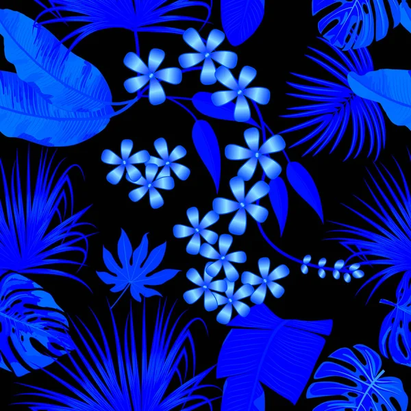 Patrón sin costura tropical vectorial en colores azules. Diseño botánico . — Archivo Imágenes Vectoriales