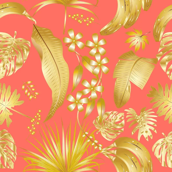 Motif vectoriel sans couture avec des feuilles tropicales dorées sur co vivant — Image vectorielle