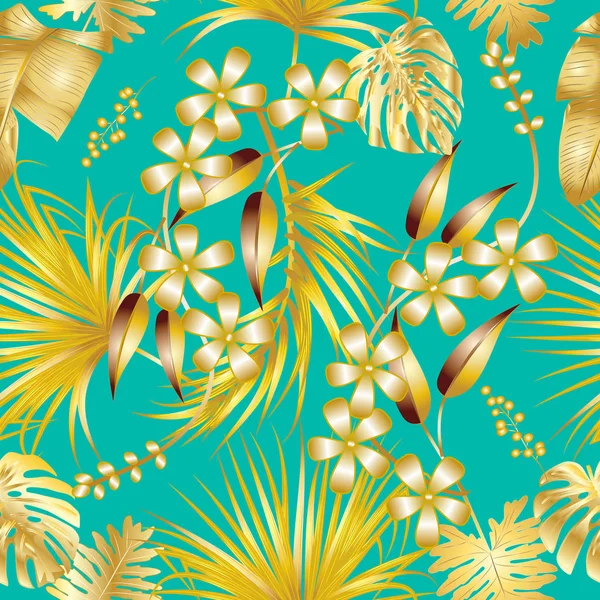 Motif vectoriel sans couture avec des feuilles tropicales dorées sur tiffany b — Image vectorielle