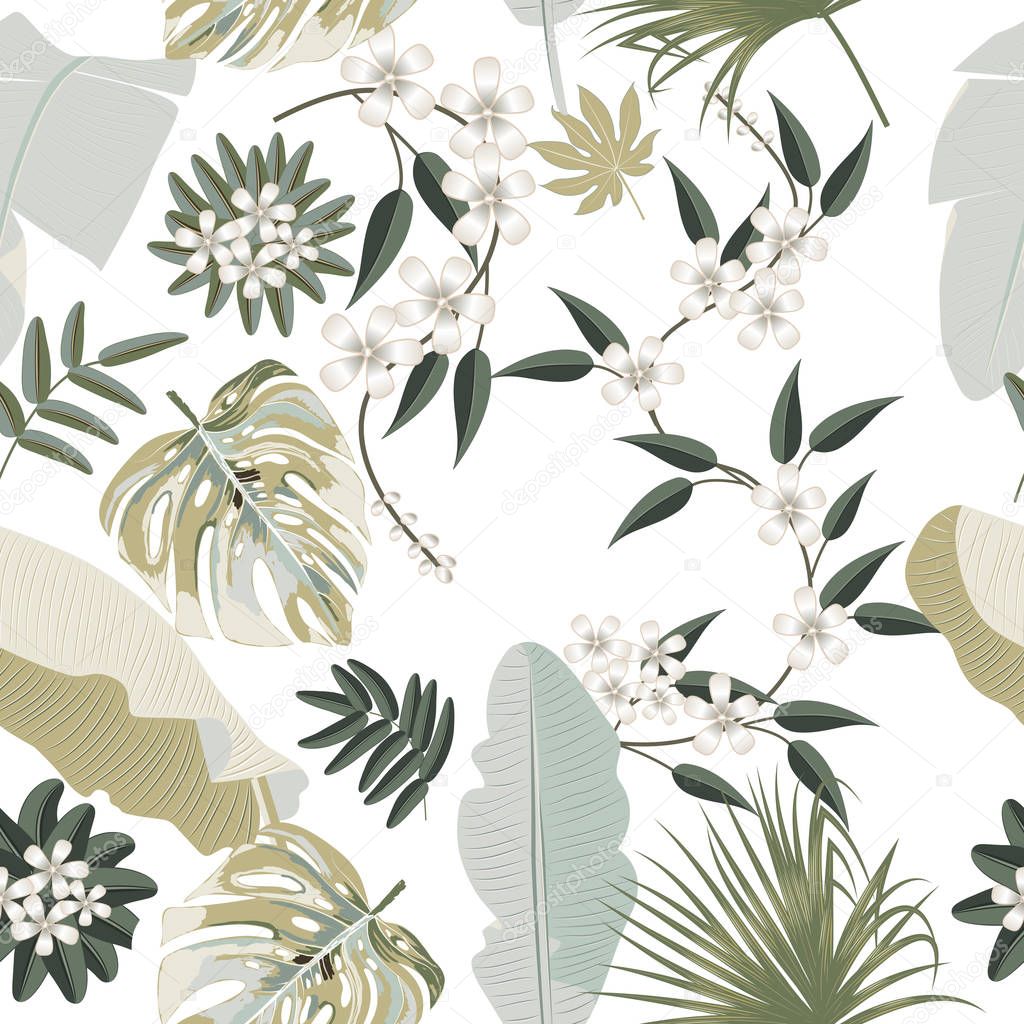 Vector tropical seamless pattern in olive green colors. Botany d
