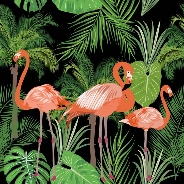 Tropical plant seamless pattern, pink flamingo and tropical leav — Stock Vector