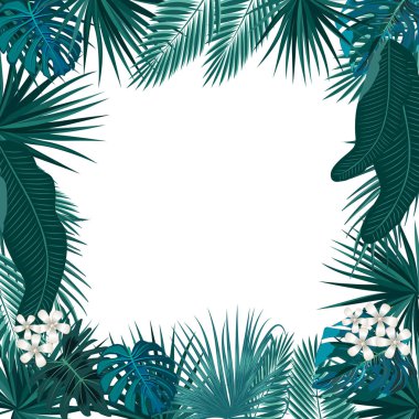 Palmiye ağaçları ve beyaz yaprakları ile vektör tropikal orman çerçeve