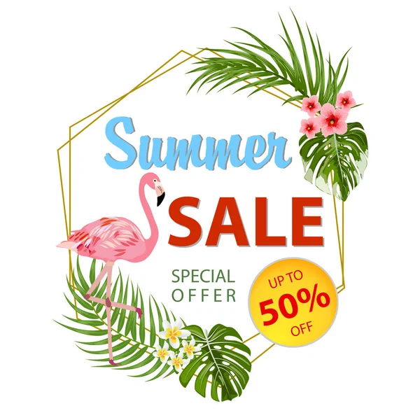 Banner de venta de verano con fondo de hojas tropicales — Vector de stock