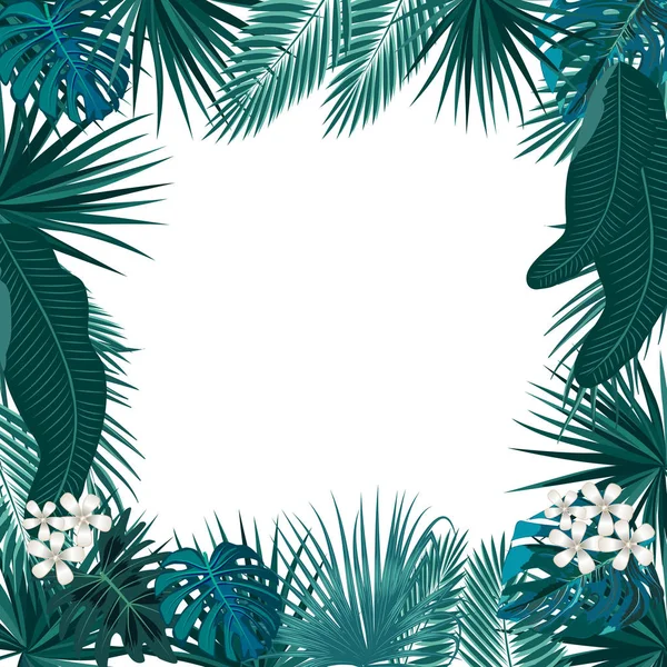 Palmiye ağaçları ve beyaz yaprakları ile vektör tropikal orman çerçeve