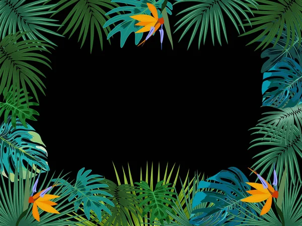 Vector tropical jungle frame with palm trees and leaves on black — Stock Vector
