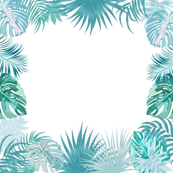 Palmiye ağaçları ve beyaz yaprakları ile vektör tropikal orman çerçeve — Stok Vektör