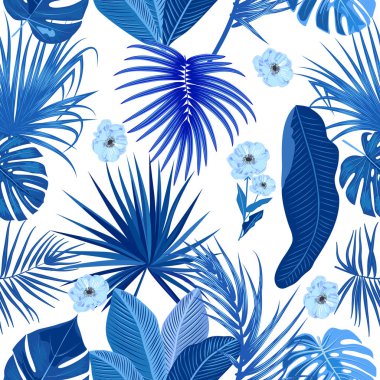 Tropikal orman palmiye vektör dikişsiz desen, mavi renkler bırakır