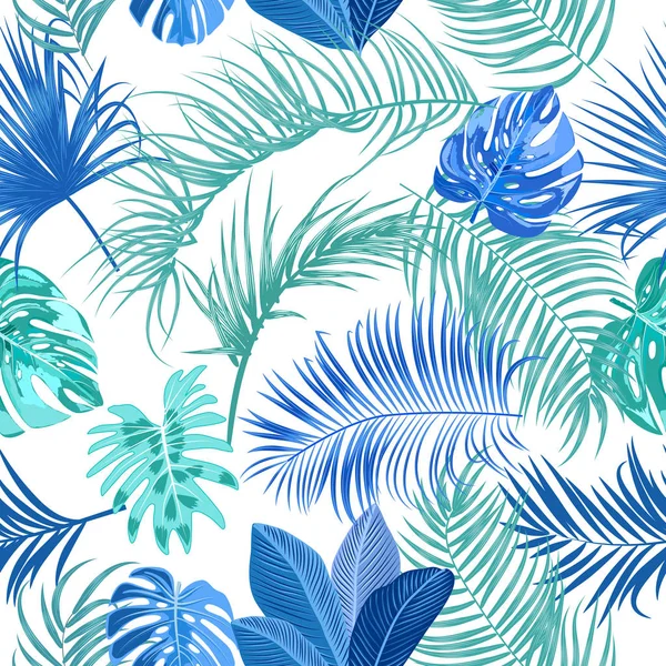 Tropical jungle feuilles de palmier vecteur motif sans couture, bleu et gr — Image vectorielle