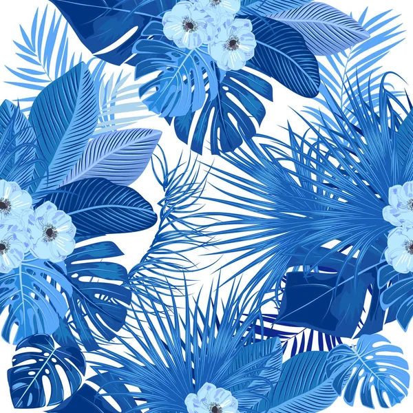 Тропические джунгли пальмовые листья векторные бесшовный узор, голубые цвета — стоковый вектор